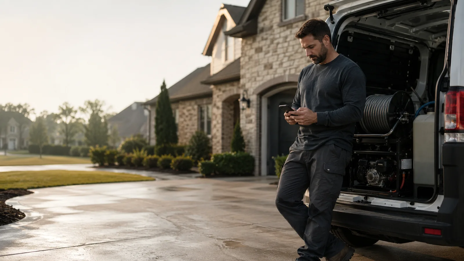 Pressure-washing business owner checking a phone beside a work van